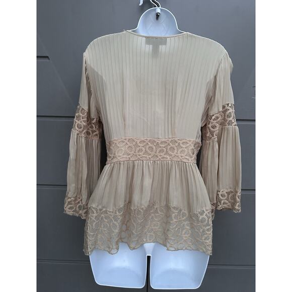 Y2K INC Silk Babydoll Blouse Pleated Bell Sleeves Lace Trim Coquette Romantic 2 - Picture 8 of 9